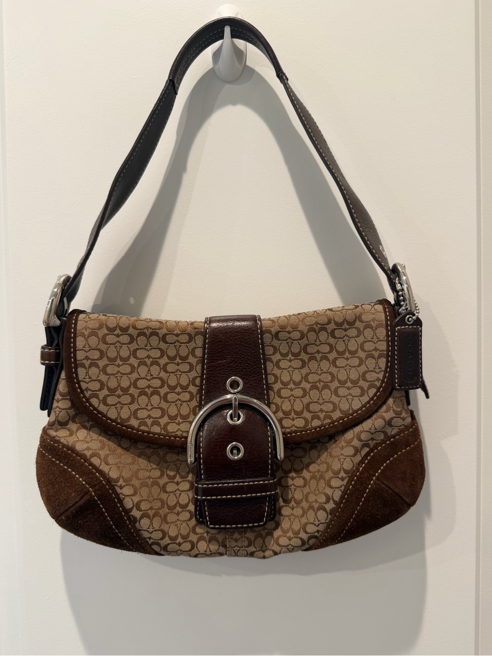 Coach Brown Signature Canvas Shoulder Bag with Dark Brown Leather Trim